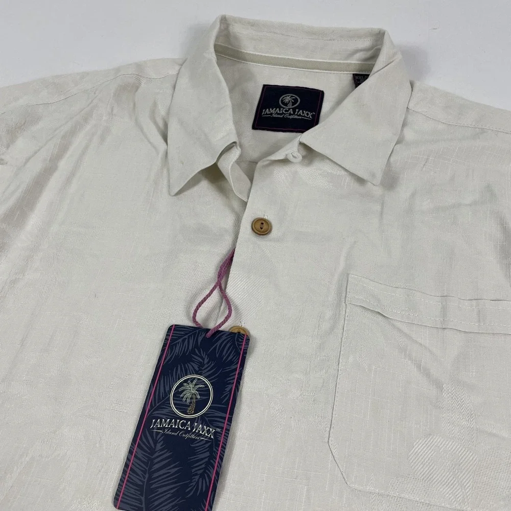 Jamaica Jaxx Shirt Mens‎ 2XL White Silk Jacquard Camp Short Sleeve Button Front